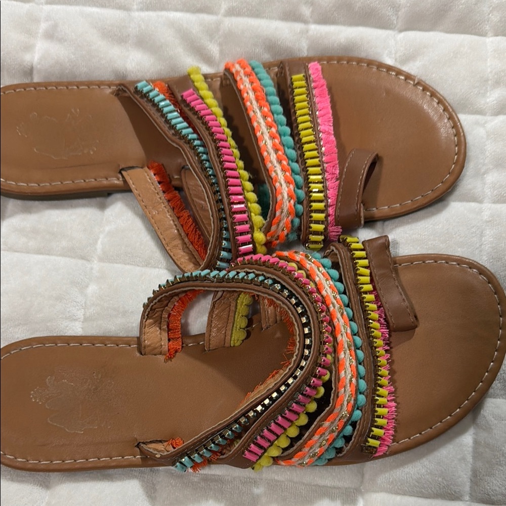 Multicolor Beaded Strappy Flat Sandals - Brown